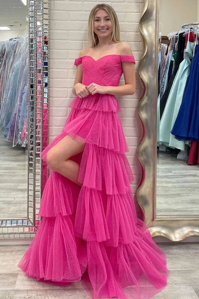 Vestido de fiesta de varios niveles, alto-bajo y con hombros descubiertos